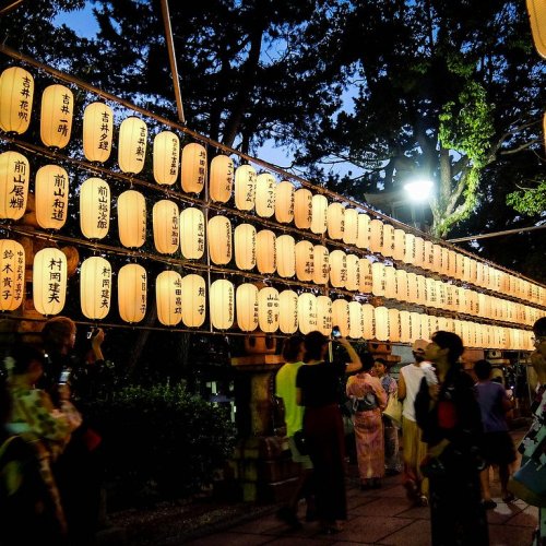 Evening of Sumiyoshi Matsuri with locals clad in kimonos